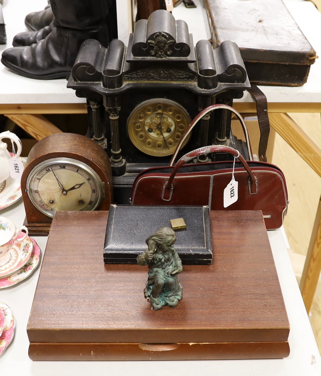 A Victorian slate mantel clock, together with a selection of various items including a set of Sheffield plated wares and coins